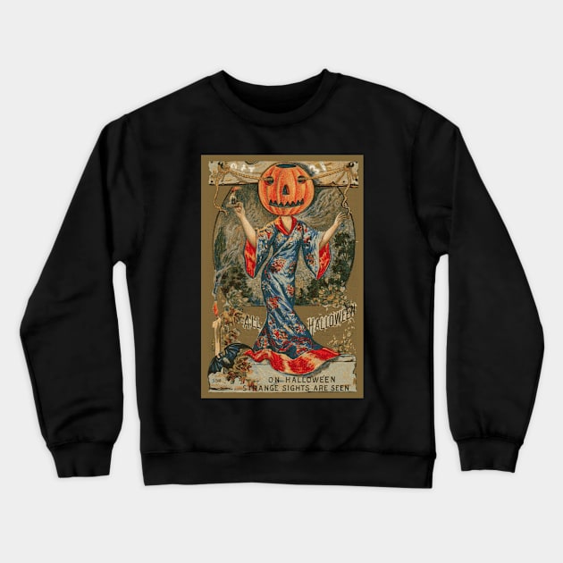 Vintage Look for Halloween - Exotic Lady with a Pumpkin Head Crewneck Sweatshirt by numpdog